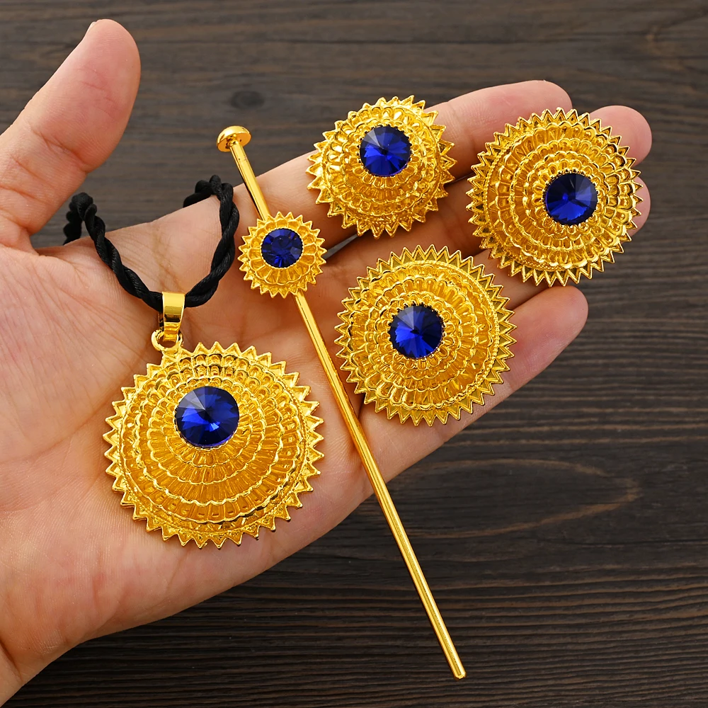 Habesha Traditional Blue Stone Gold Color Jewelry Set