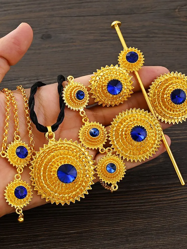 Habesha Traditional Blue Stone Gold Color Jewelry Set