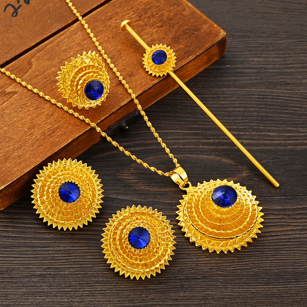 Habesha Traditional Blue Stone Gold Color Jewelry Set