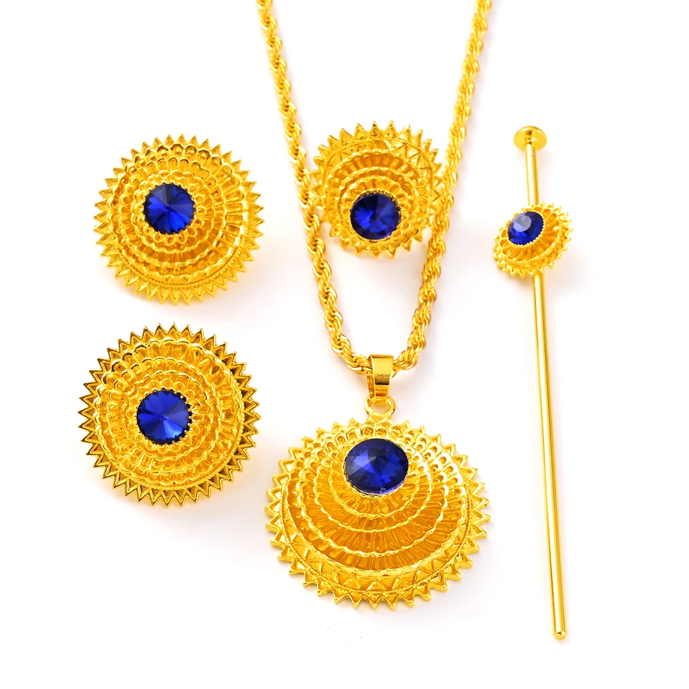 Habesha Traditional Blue Stone Gold Color Jewelry Set