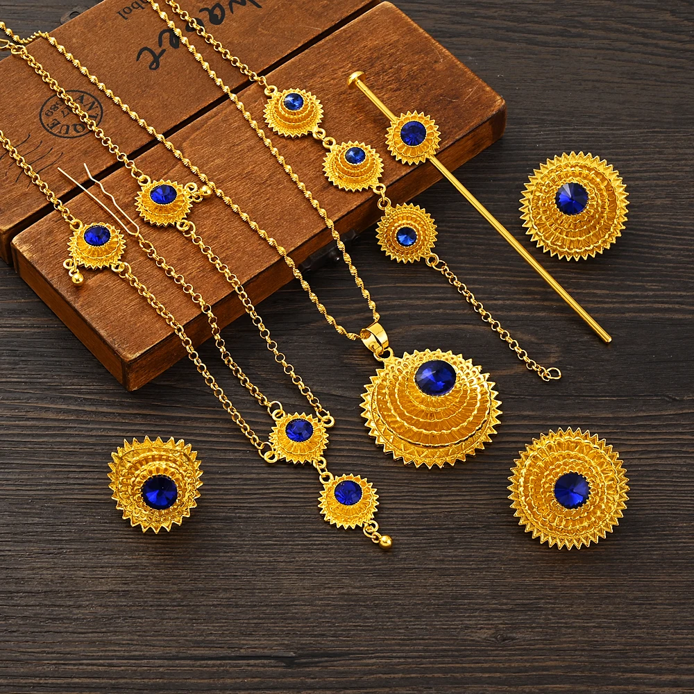 Habesha Traditional Blue Stone Gold Color Jewelry Set