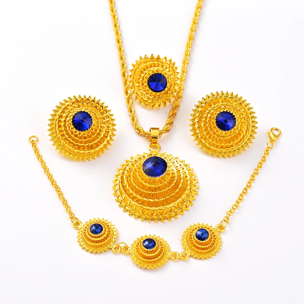 Habesha Traditional Blue Stone Gold Color Jewelry Set