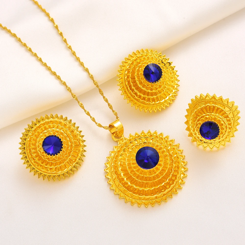 Habesha Traditional Blue Stone Gold Color Jewelry Set