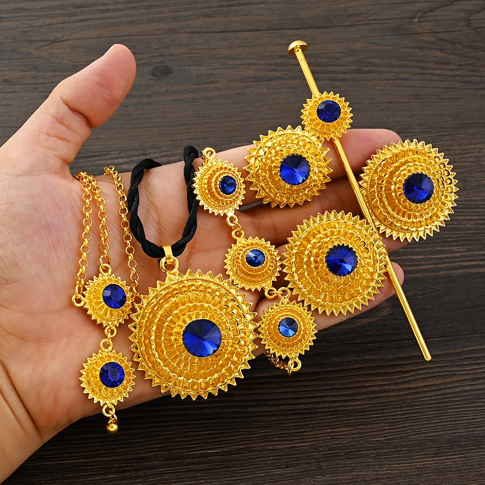 Habesha Traditional Blue Stone Gold Color Jewelry Set