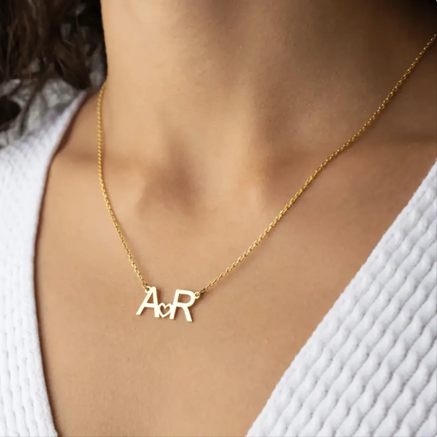 Customized Stainless Steel Golden Capital Two Letter Love Heart Pendant Necklace Customized Stainless Steel Golden Capital Two Letter Love Heart Pendant Necklace